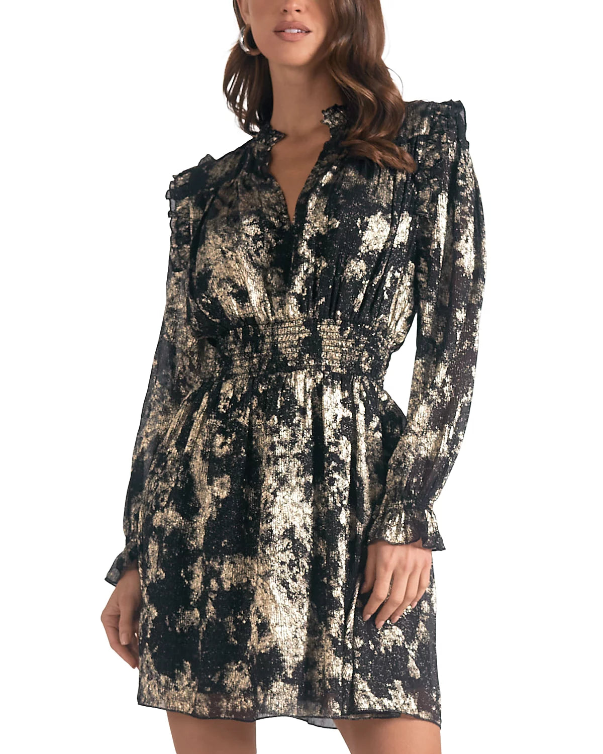 Elan Women's V Neck A Line Mini Dress - Multi - Size L - Black Gold