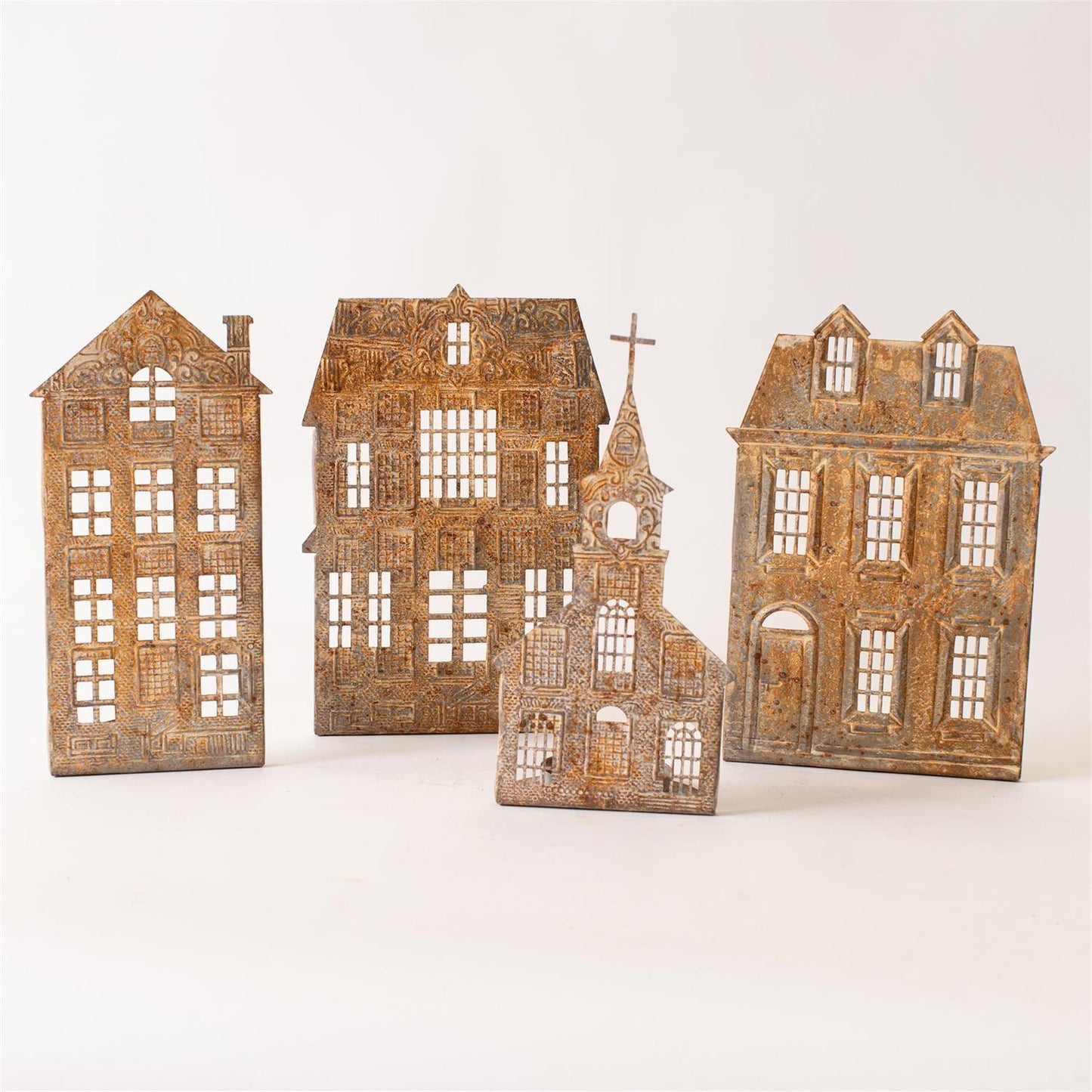 Antiqued House Silhouette Tea Light Holder Set