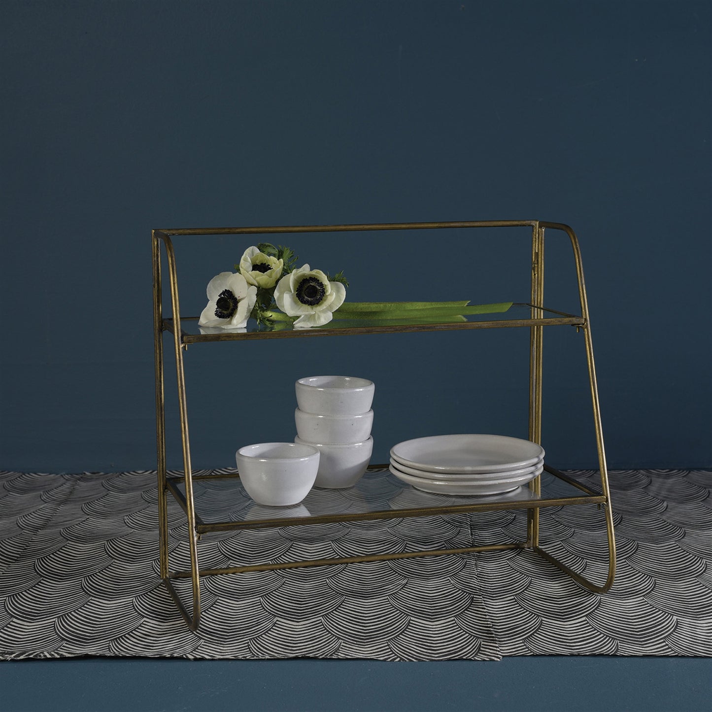 HomArt Lena Two-Tier Stand with Glass Shelves | Brass Metal Display Stand