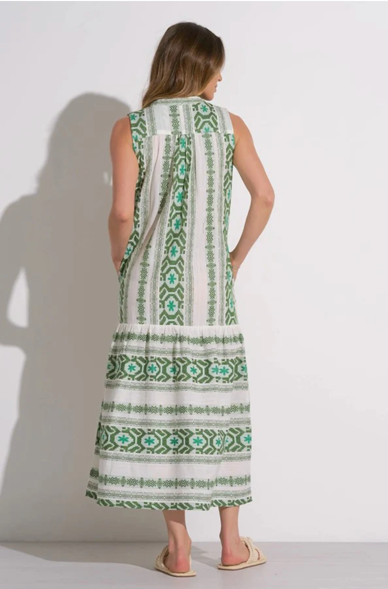Green and White Printed Maxi Dress