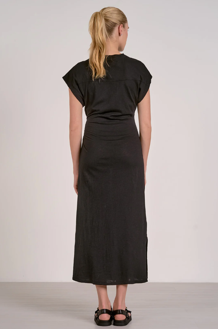 Black Cap Sleeve Midi Dress with Side Tie