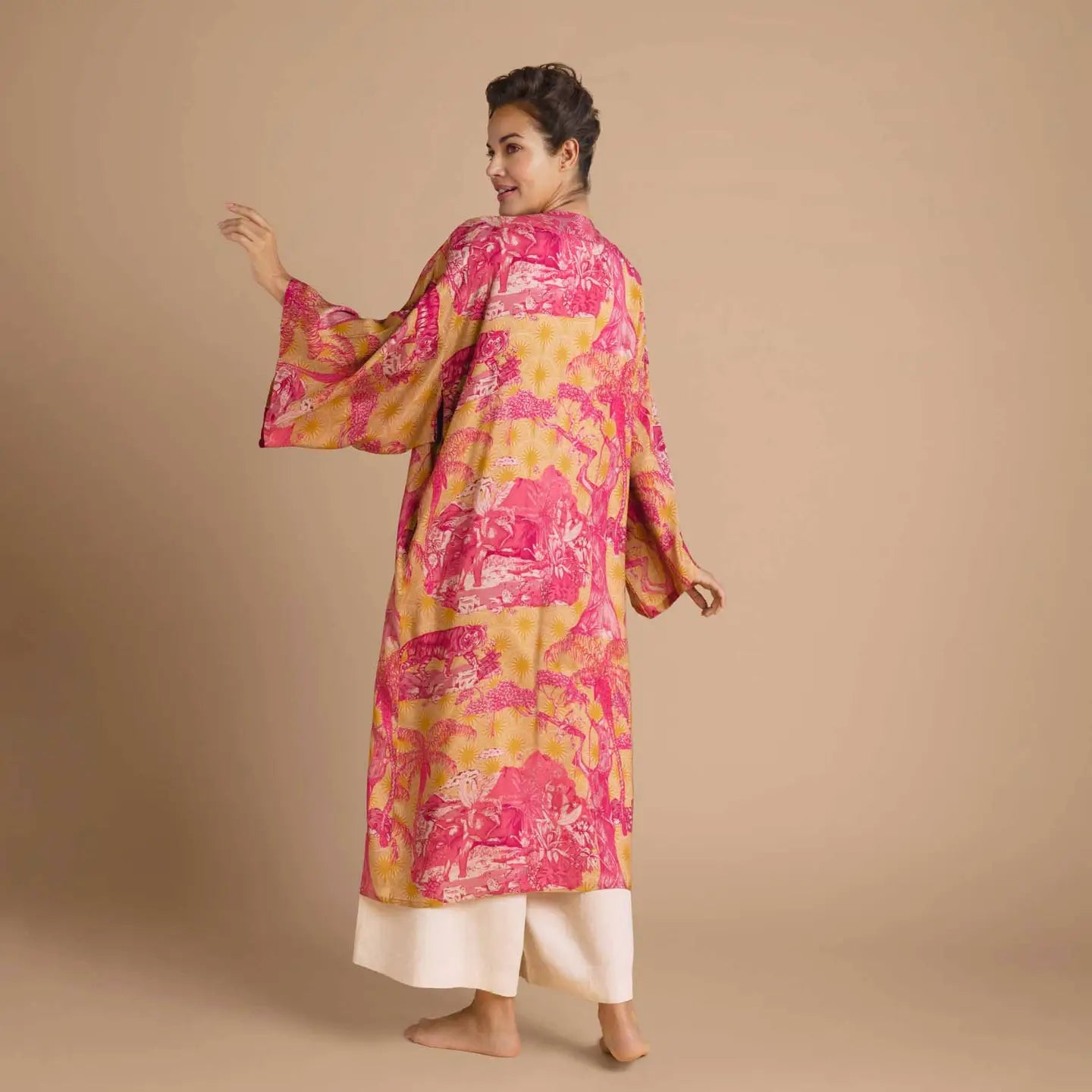 Tropical Toile Kimono Gown - Pineapple and Raspberry
