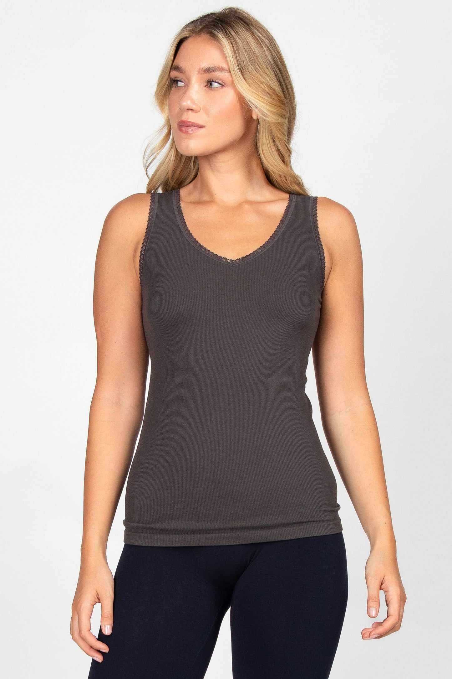 Ribbed Reversible V-Scoop Tank with Lace Trim