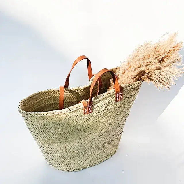 STRAW BAG Handmade with leather, French Market Basket