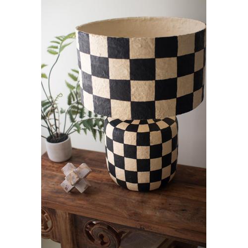 Black and White Checkered Paper Mache Lamp with Shade