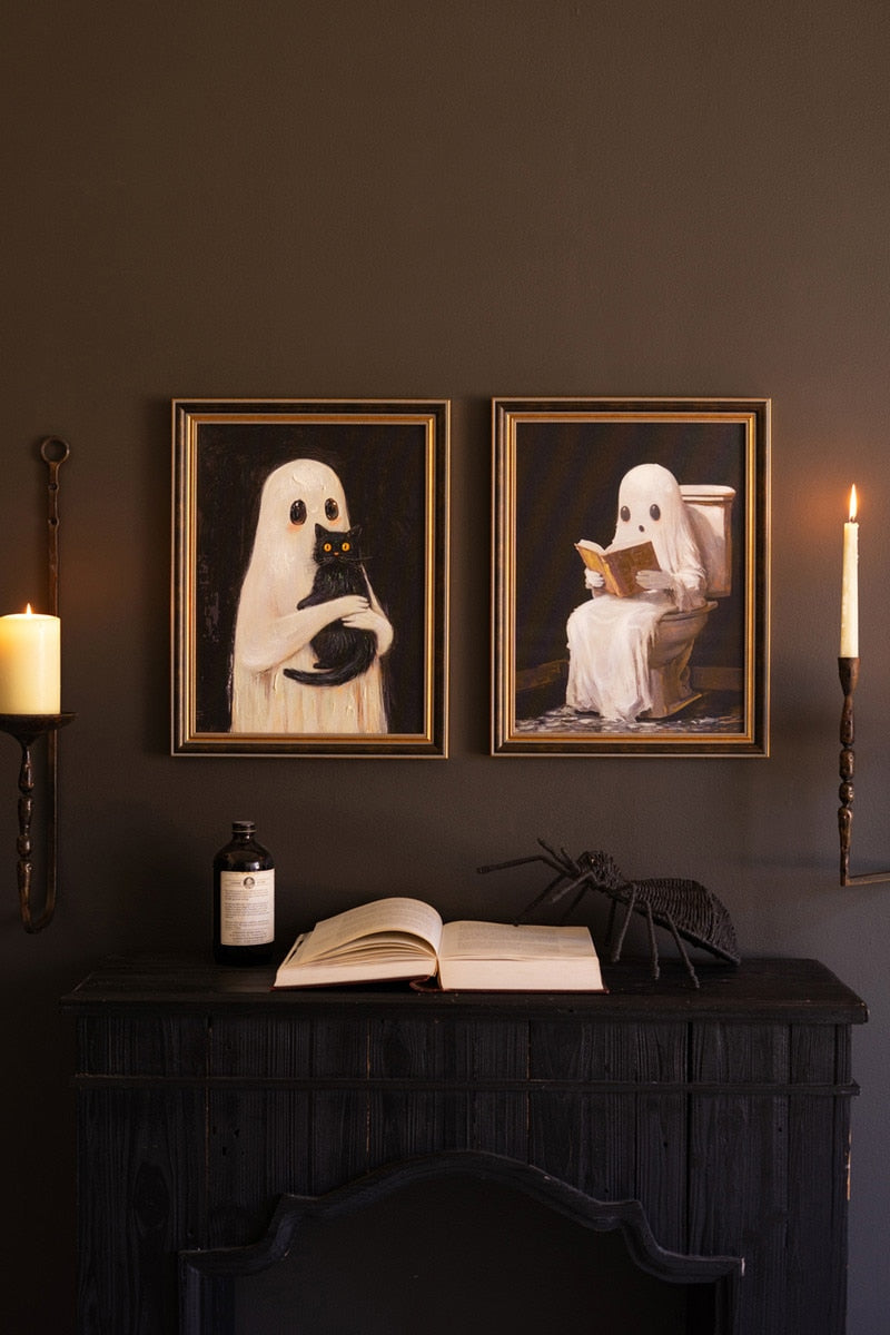Set of 2 Framed Halloween Ghosts Paintings