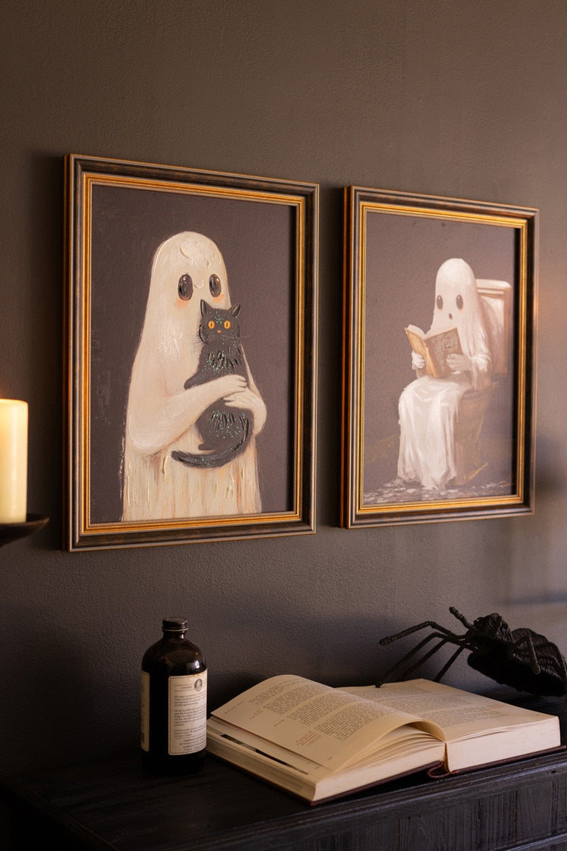 Set of 2 Framed Halloween Ghosts Paintings