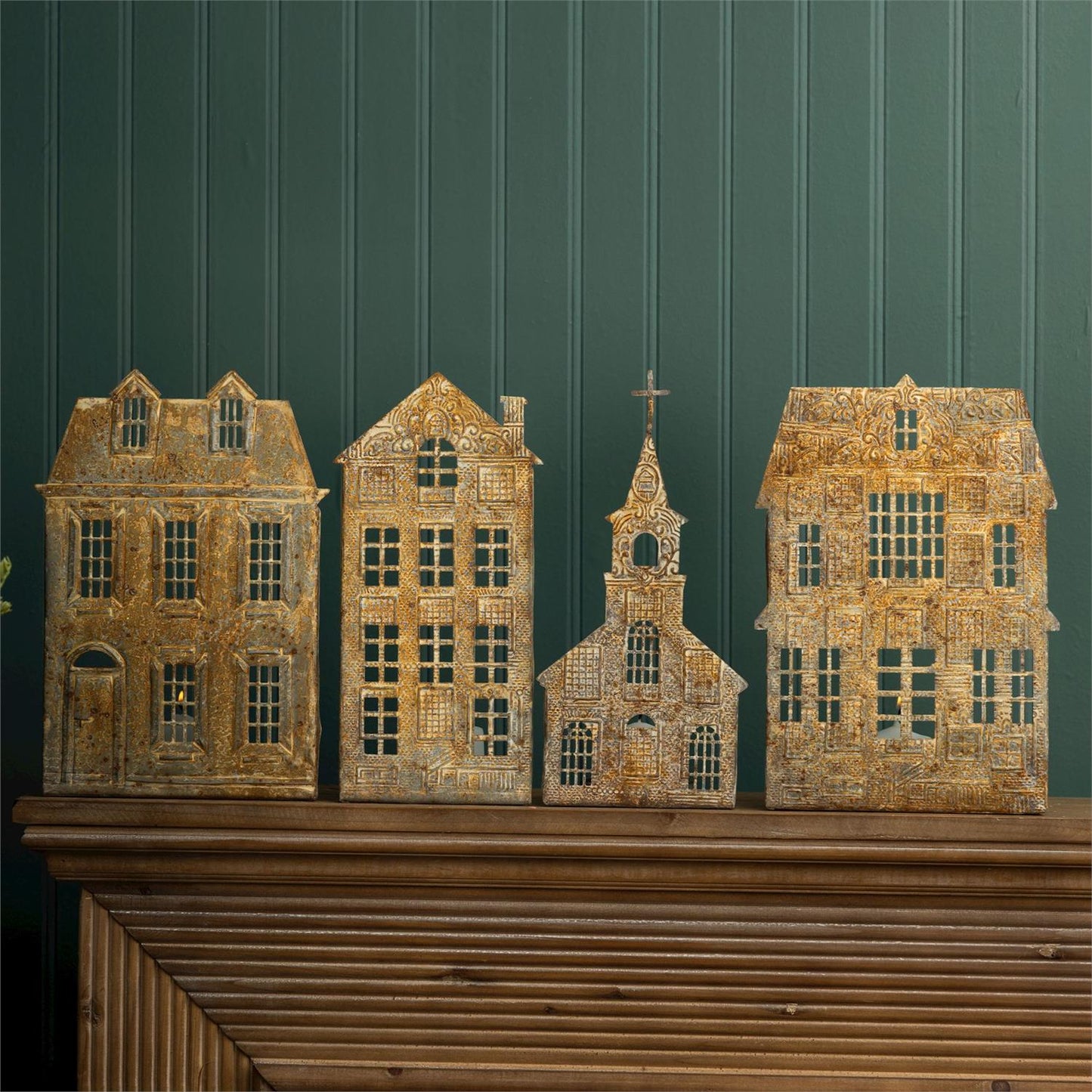 Antiqued House Silhouette Tea Light Holder Set