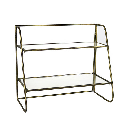 HomArt Lena Two-Tier Stand with Glass Shelves | Brass Metal Display Stand