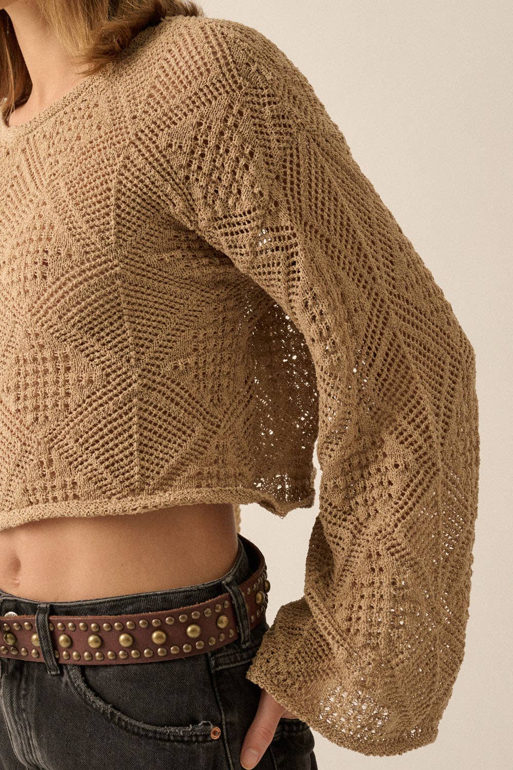 Geometric Open-Knit Bell-Sleeve Cropped Sweater
