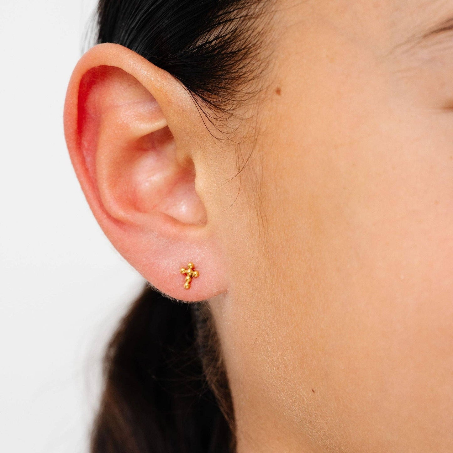 Beaded Cross Stud Earrings - Hypoallergenic, Flat Back, Girl