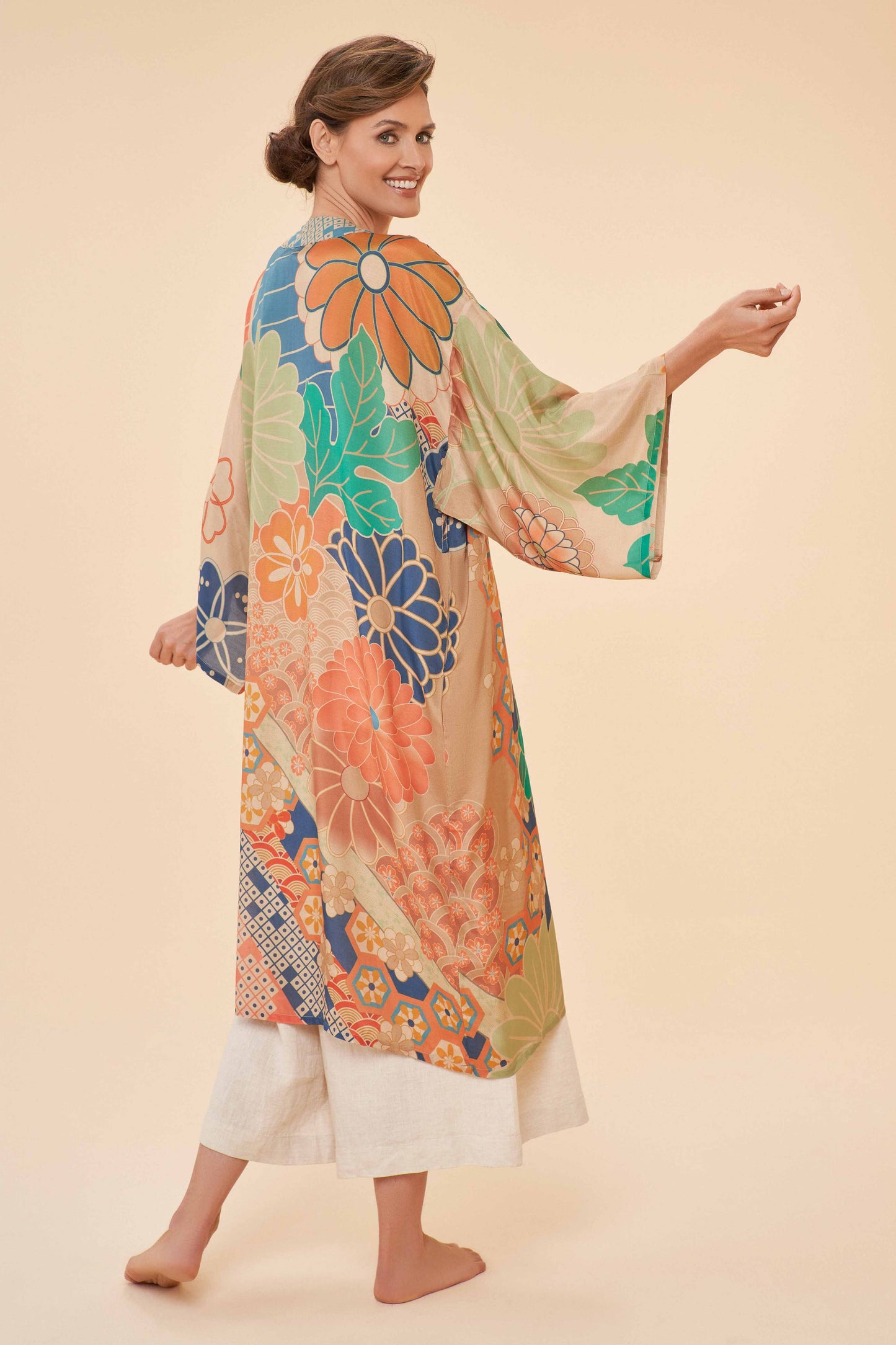 70s Kaleidoscope Floral Kimono Gown in Coconut