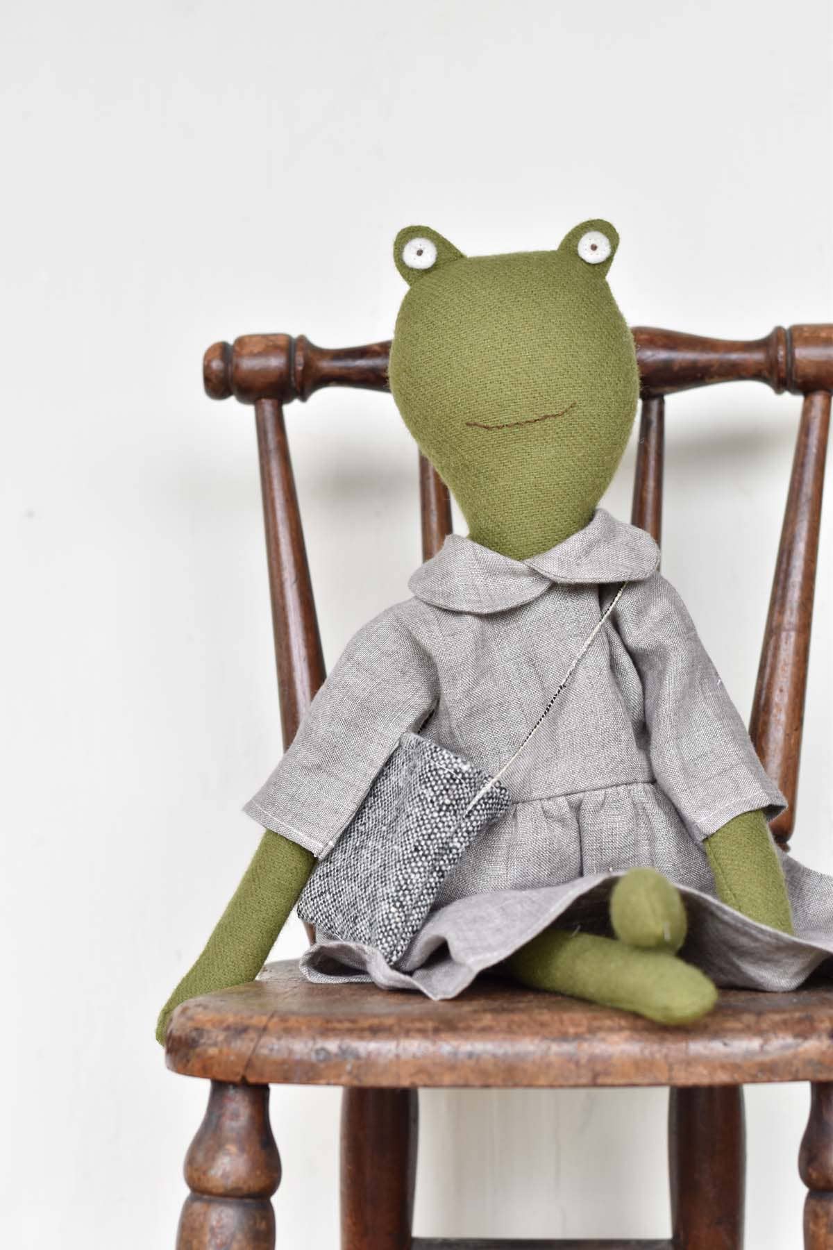 Fern the Frog doll-  Linen Dress - Handmade Wool Doll 