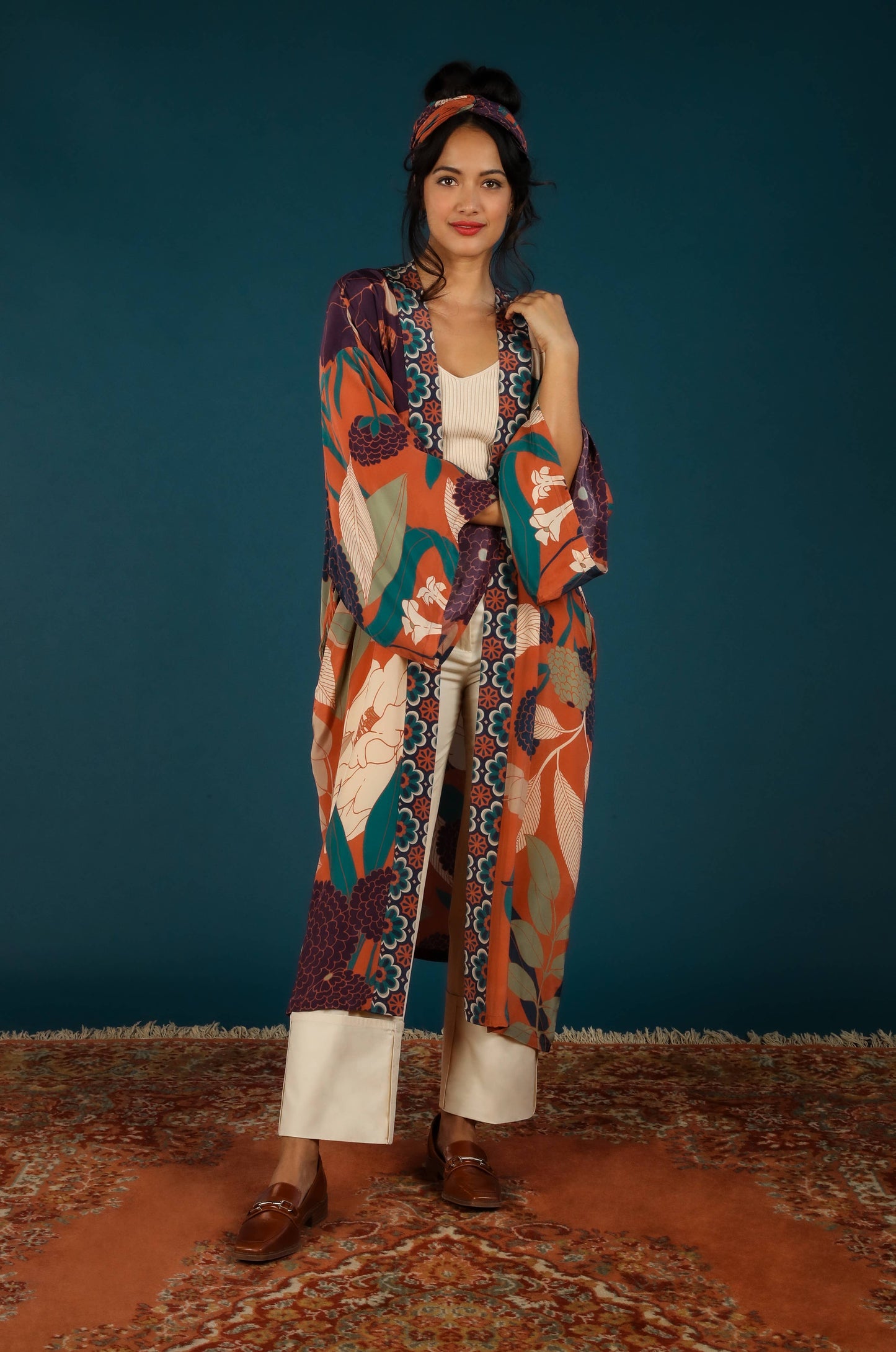 Luxe Winter Floral Kimono Gown - Terracotta