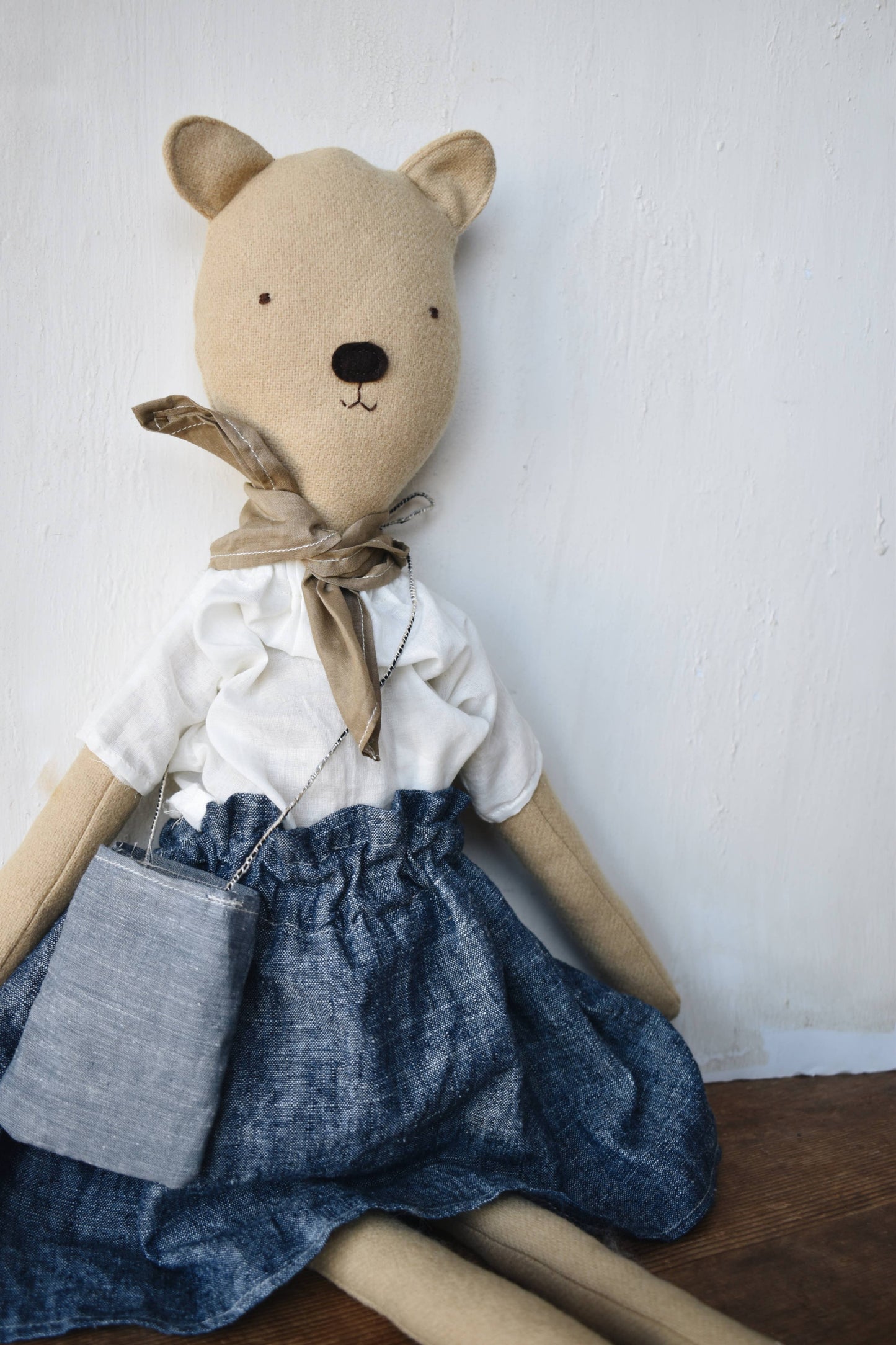 Agatha the Bear Doll- Chambray skirt