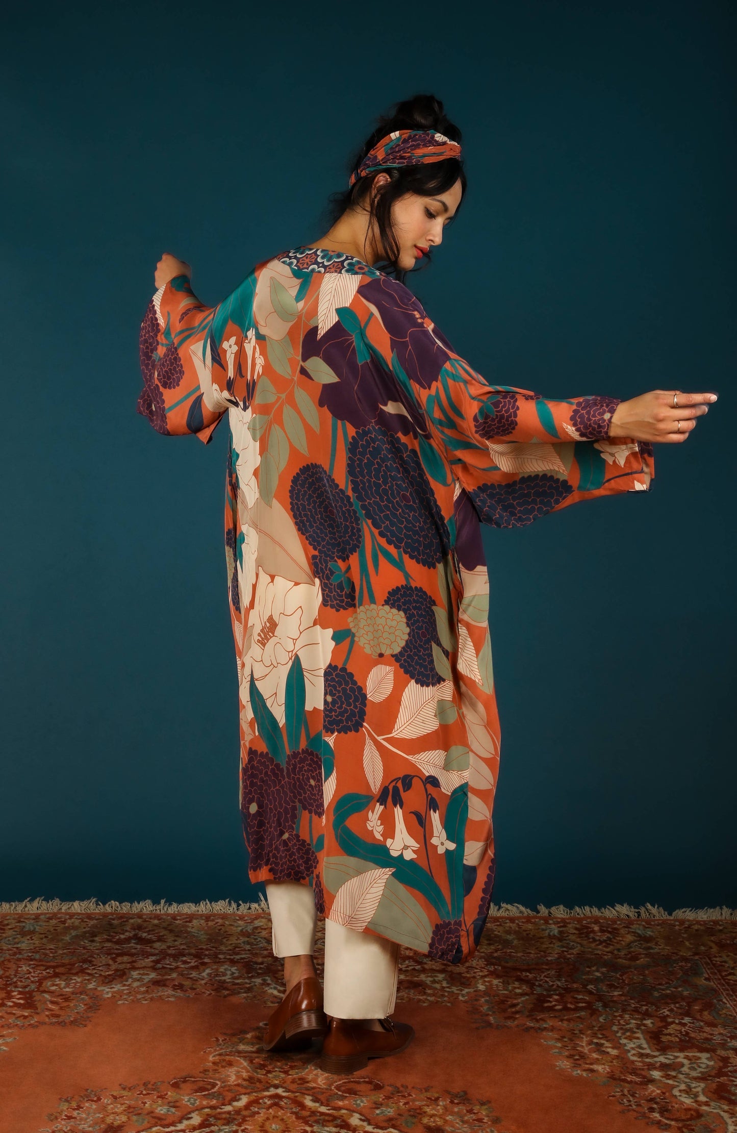 Luxe Winter Floral Kimono Gown - Terracotta