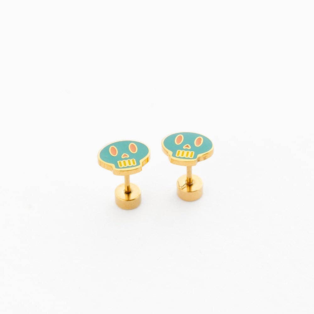 Sugar Skull Stud Earrings - Hypoallergenic, Flat Back, Girl
