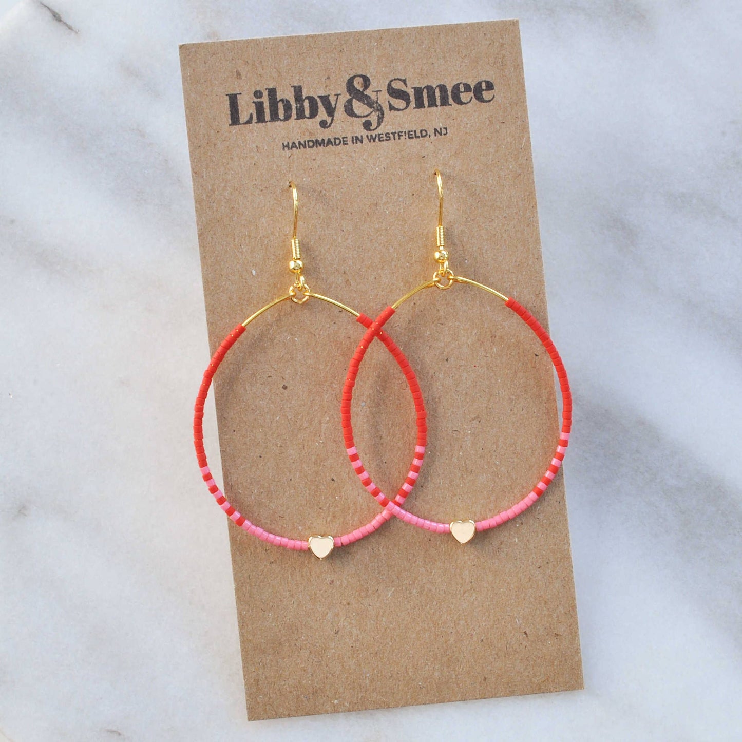 Valentine Beaded Hoop Earrings with Hearts in Red and Pink