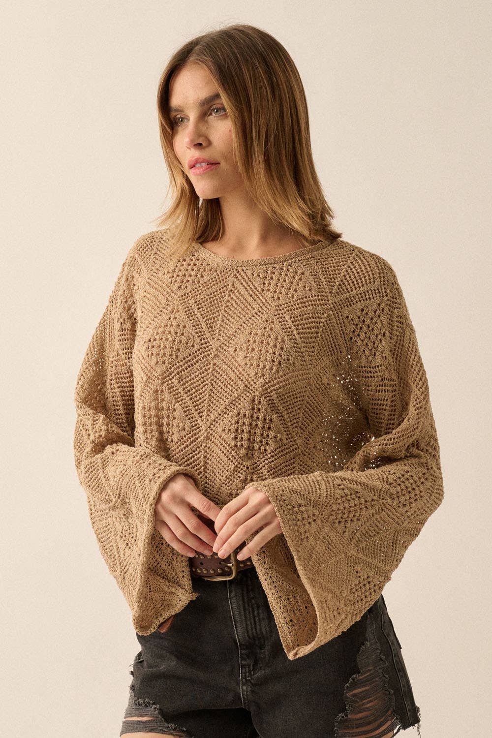 Geometric Open-Knit Bell-Sleeve Cropped Sweater