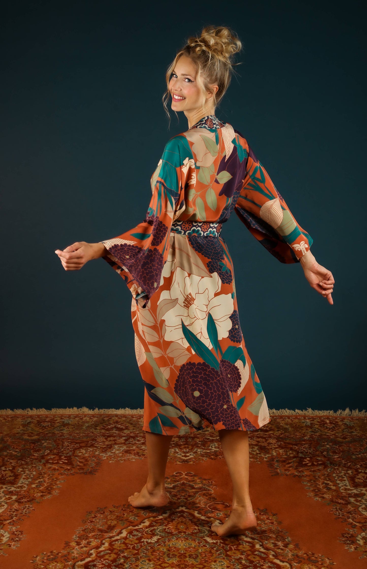 Luxe Winter Floral Kimono Gown - Terracotta