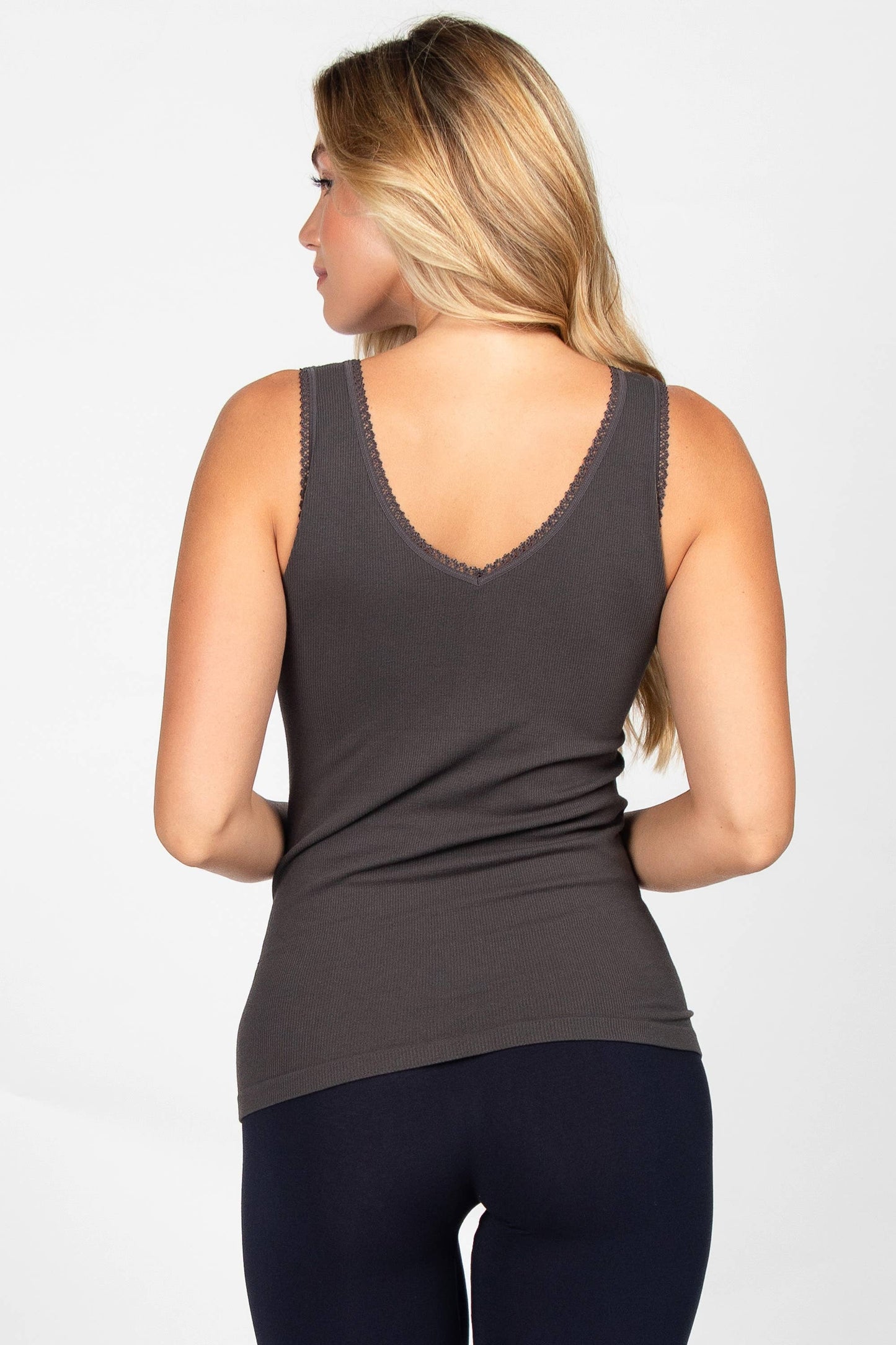 Ribbed Reversible V-Scoop Tank with Lace Trim