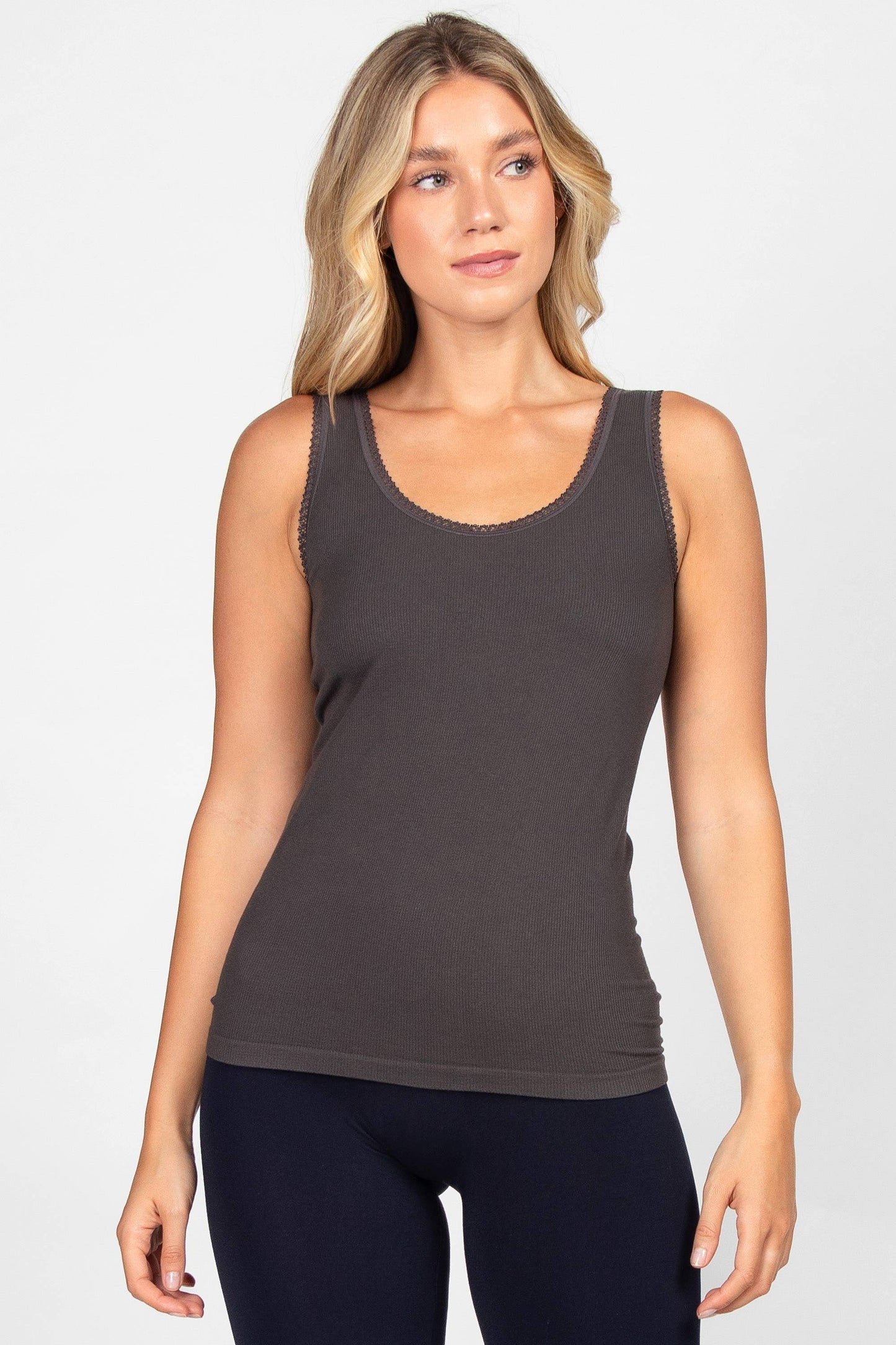 Ribbed Reversible V-Scoop Tank with Lace Trim