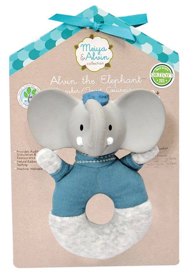 Alvin the Elephant Soft Rattle w/Natural Organic Rubber Head