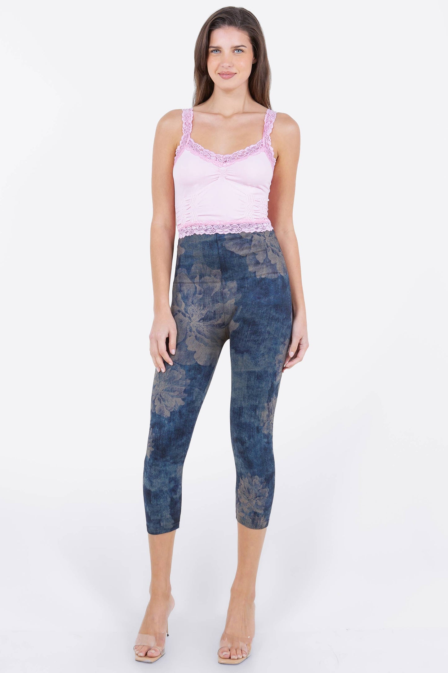 Reverse Dye Peonies on Denim Print Leggings (HP)