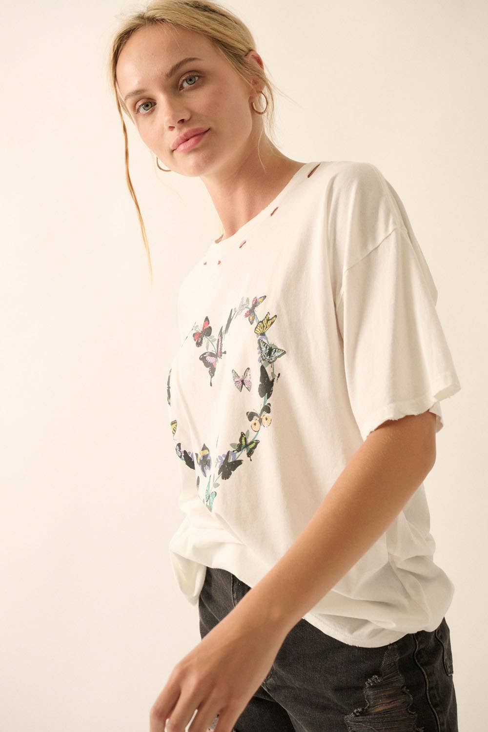 Butterfly Heart Round Neck Distress Graphic Tee