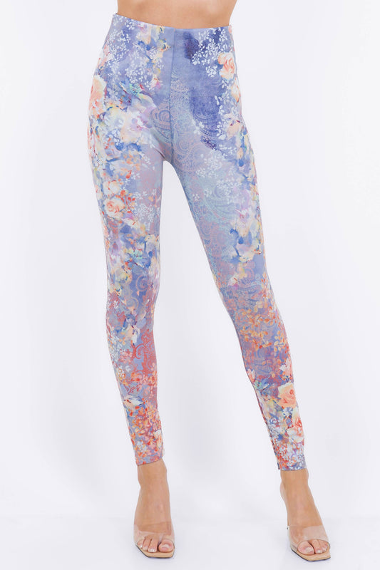 Watercolor Roses and Confetti Foliage Pattern Leggings