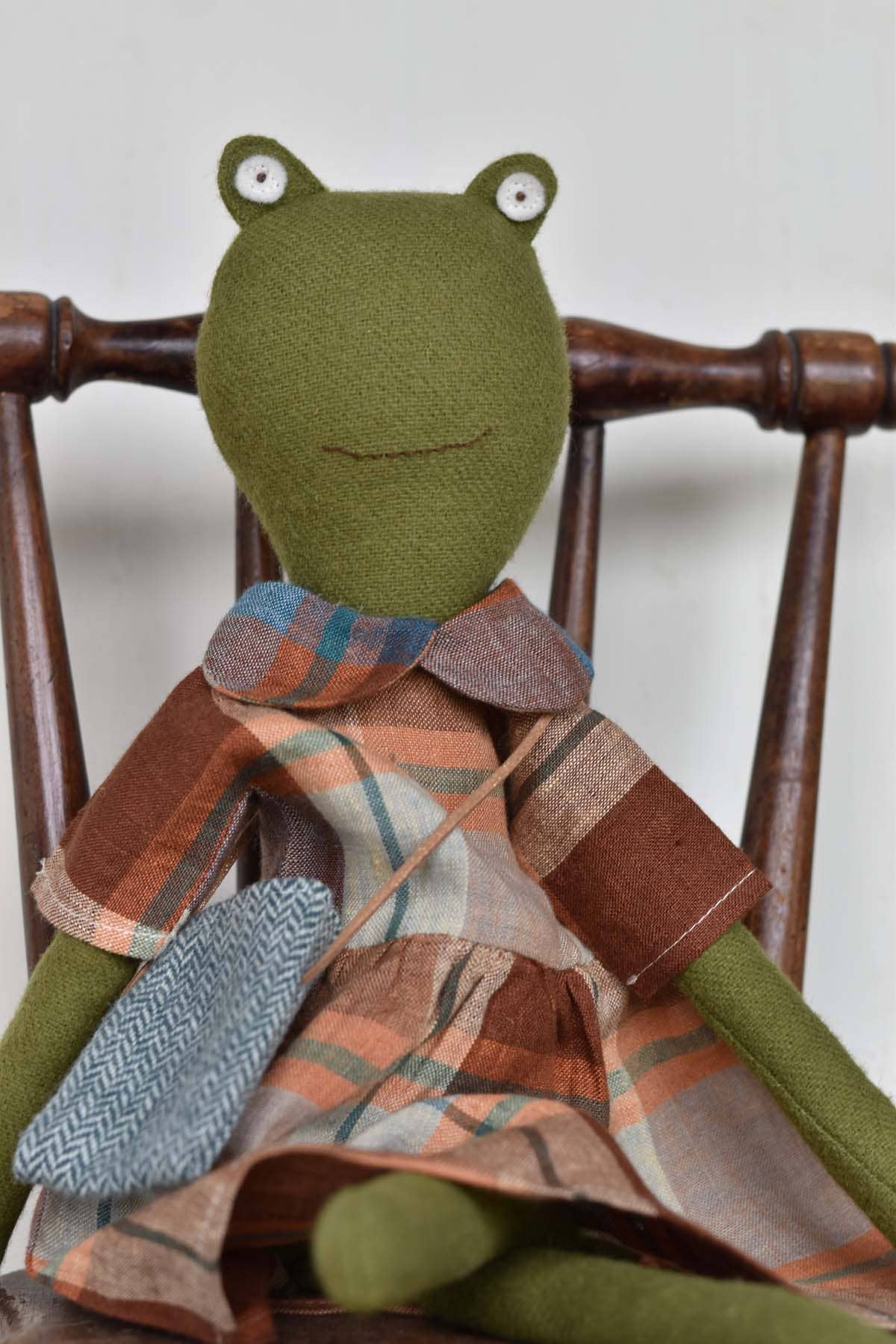 Fern the Frog doll-  Plaid Dress - Handmade Wool Doll