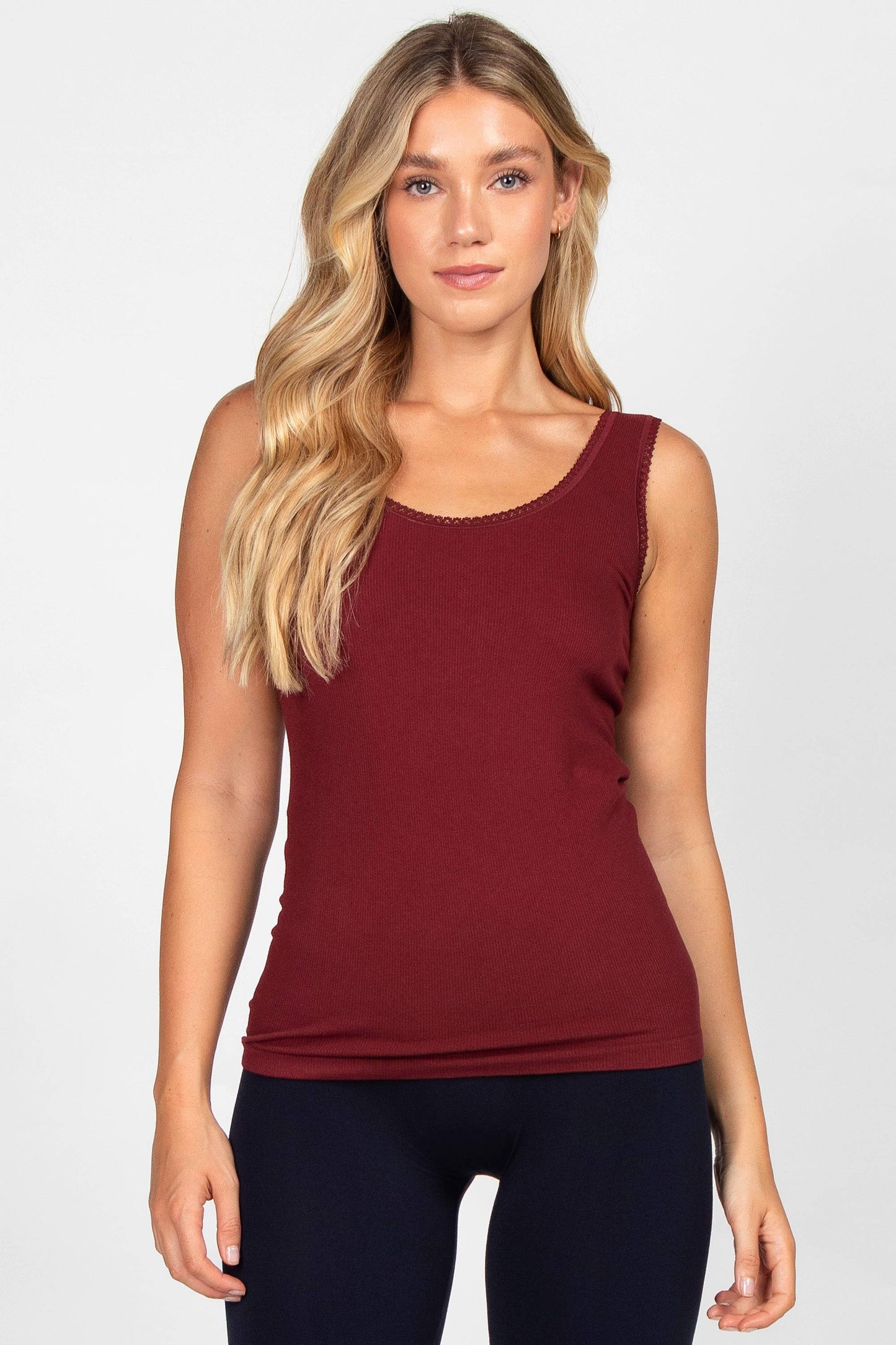 Ribbed Reversible V-Scoop Tank with Lace Trim