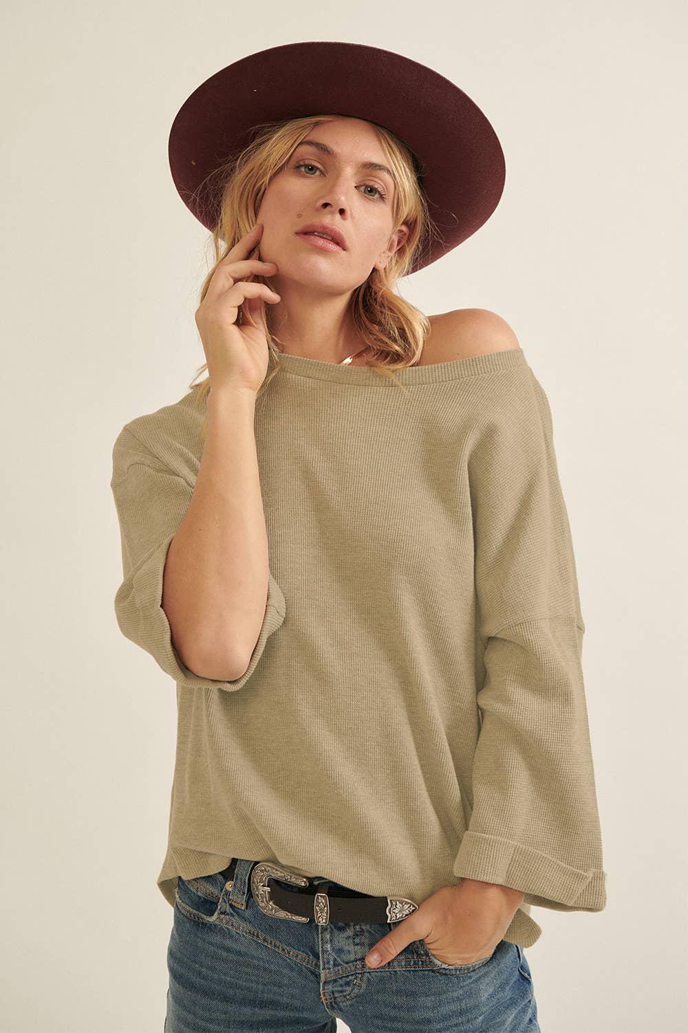 Solid Waffle Knit Half-Sleeve Thermal Top
