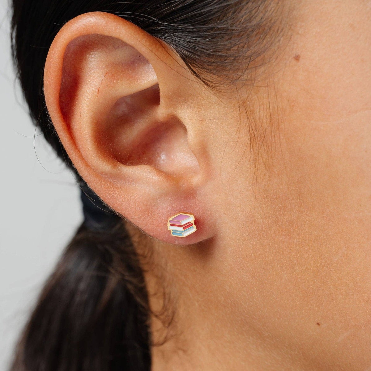 Stacked Books Stud Earrings- Hypoallergenic, Flat Back, Girl