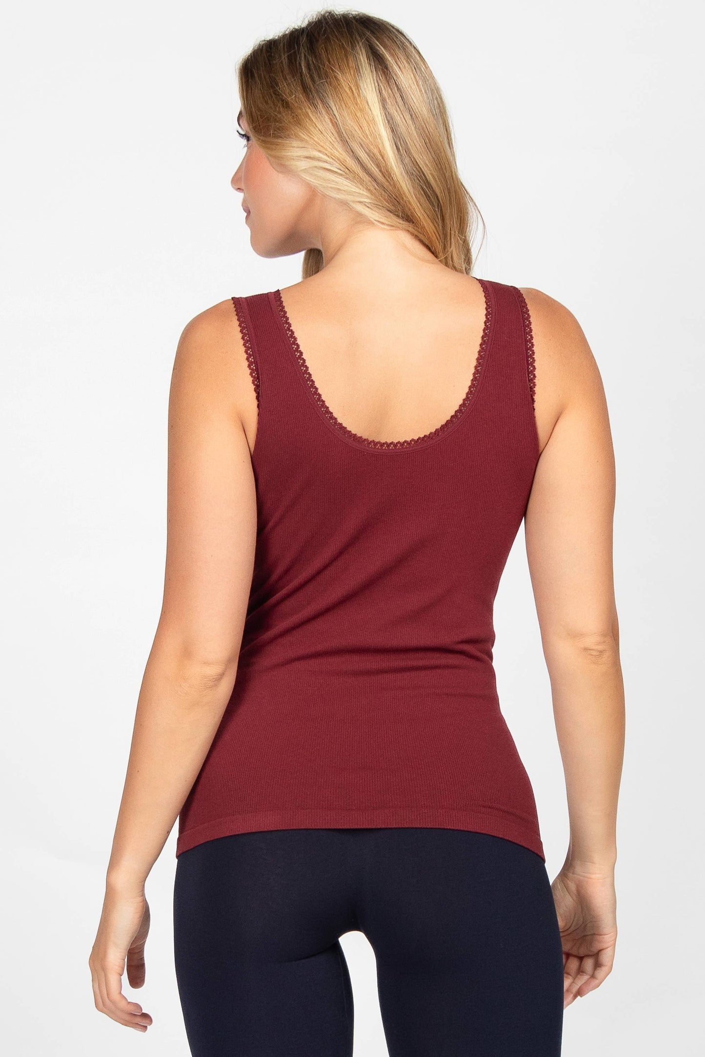 Ribbed Reversible V-Scoop Tank with Lace Trim