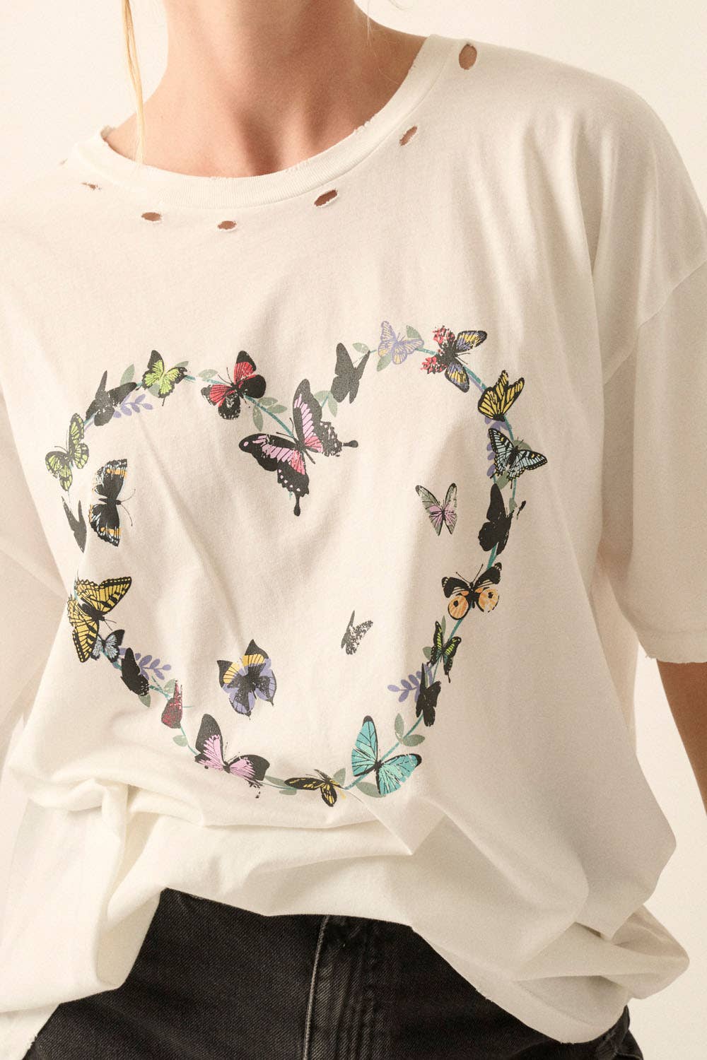 Butterfly Heart Round Neck Distress Graphic Tee