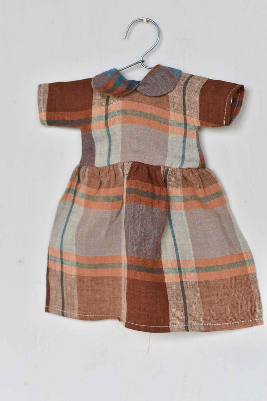 Plaid Linen Gather Dress with Peter Pan Collar - Handmade