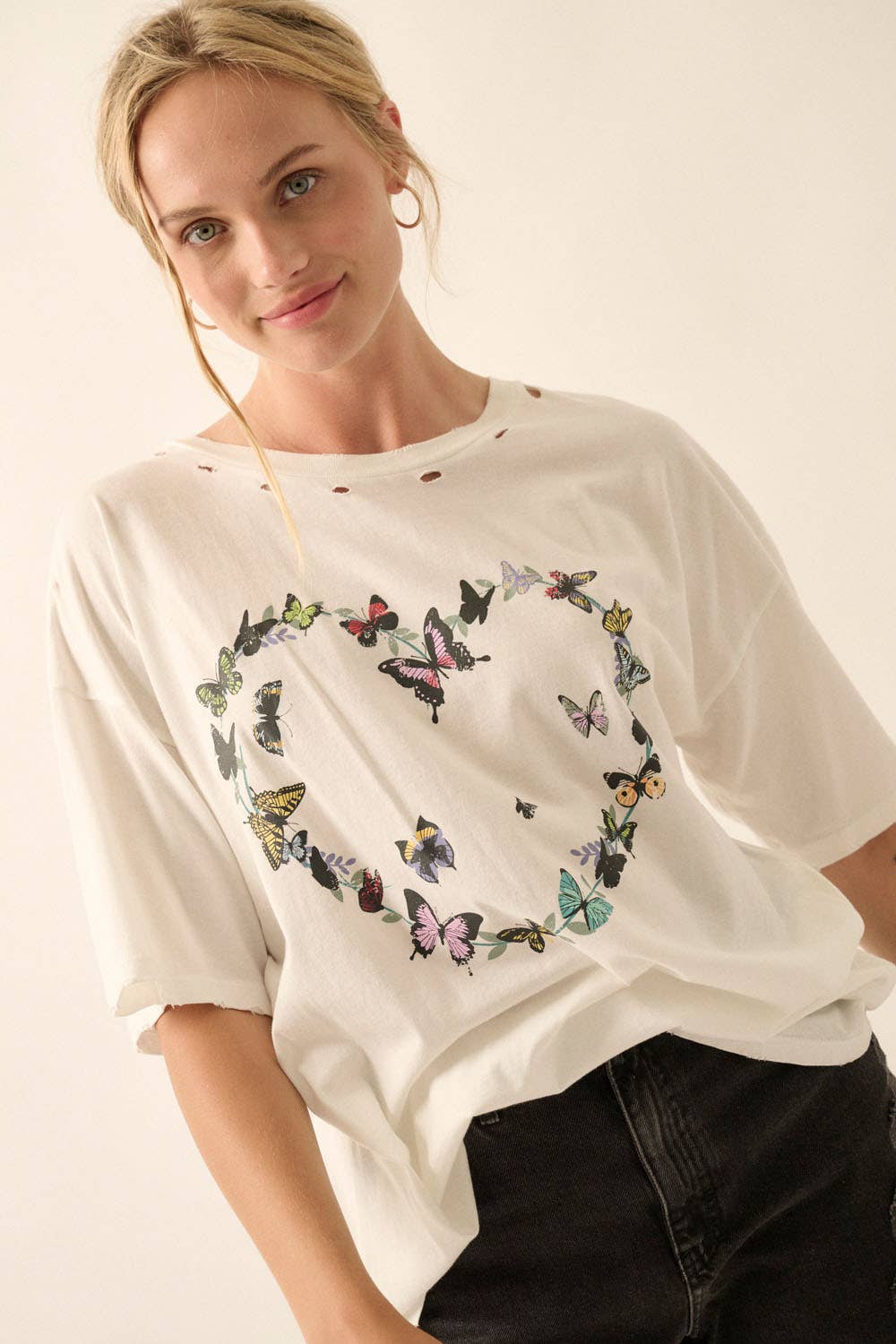 Butterfly Heart Round Neck Distress Graphic Tee