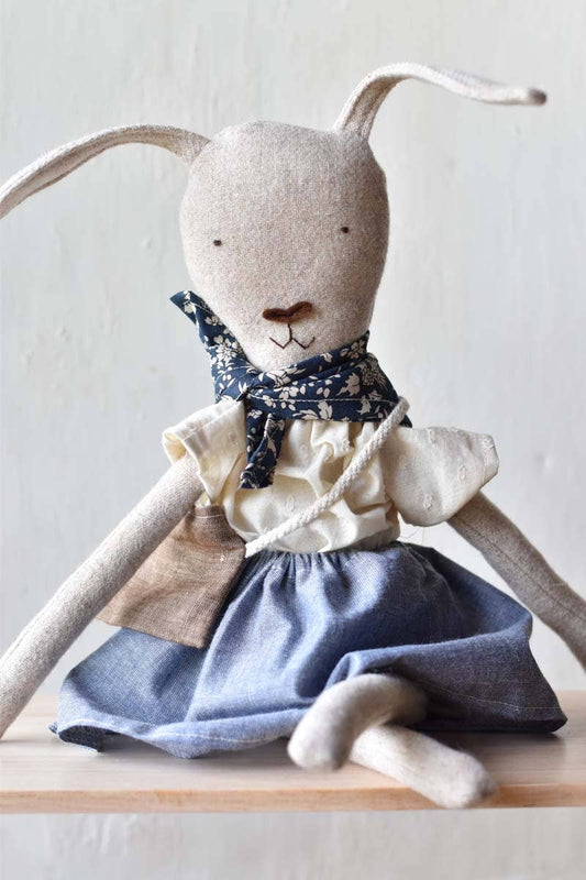Ruthie the Rabbit – Handmade Wool Doll in Chambray Skirt 