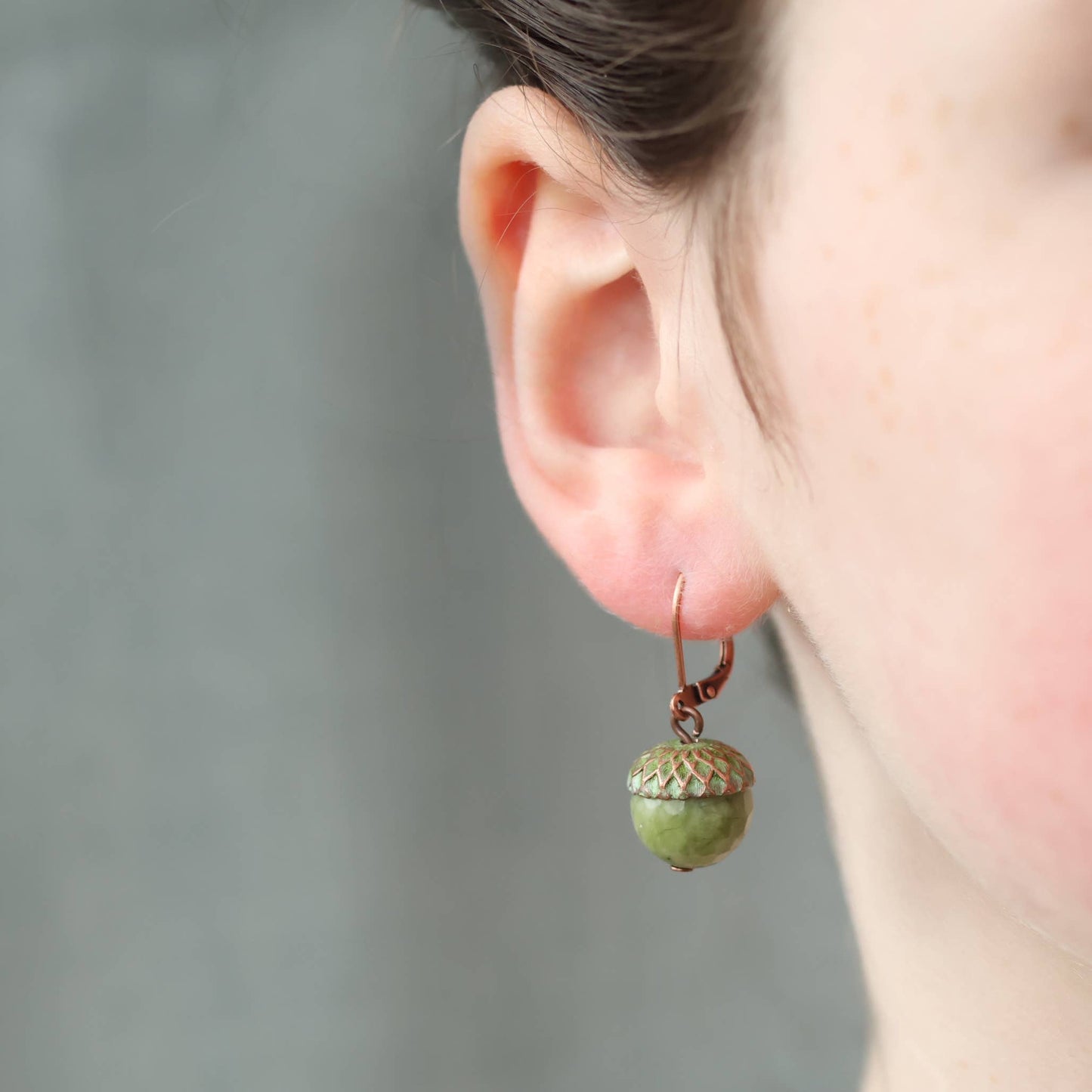 Olive Green Patina Acorn Earrings