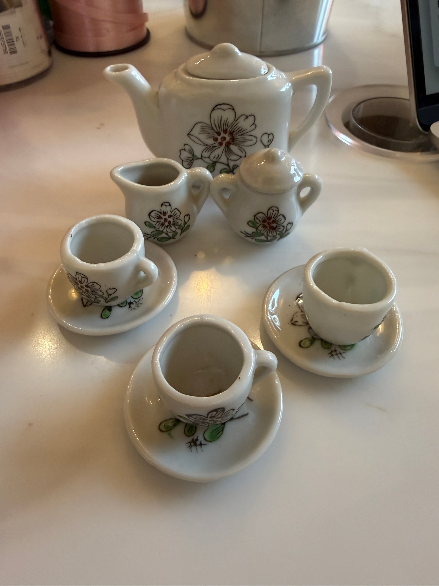 Vintage Miniature Tea Set Made in Japan – Hand-Painted White Floral Ceramic Toy Dish Set – 11 Piece Dollhouse Décor