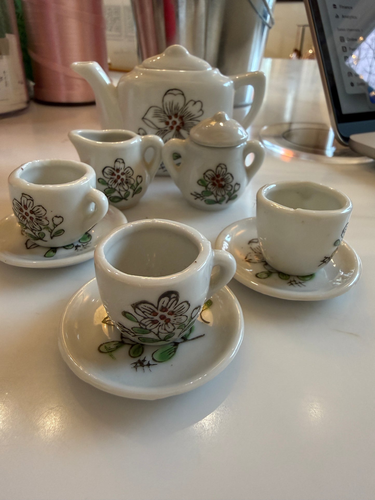 Vintage Miniature Tea Set Made in Japan – Hand-Painted White Floral Ceramic Toy Dish Set – 11 Piece Dollhouse Décor