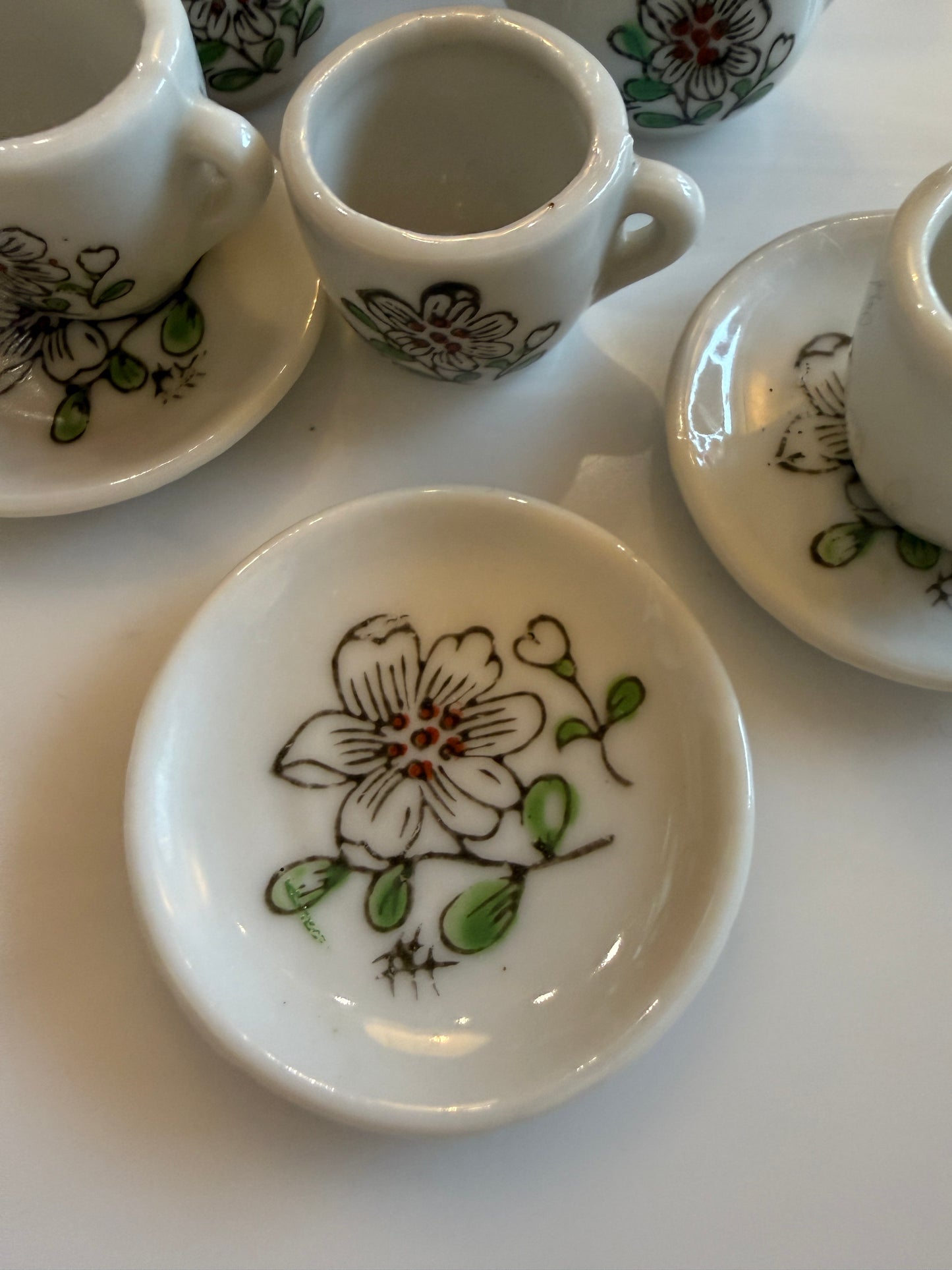 Vintage Miniature Tea Set Made in Japan – Hand-Painted White Floral Ceramic Toy Dish Set – 11 Piece Dollhouse Décor