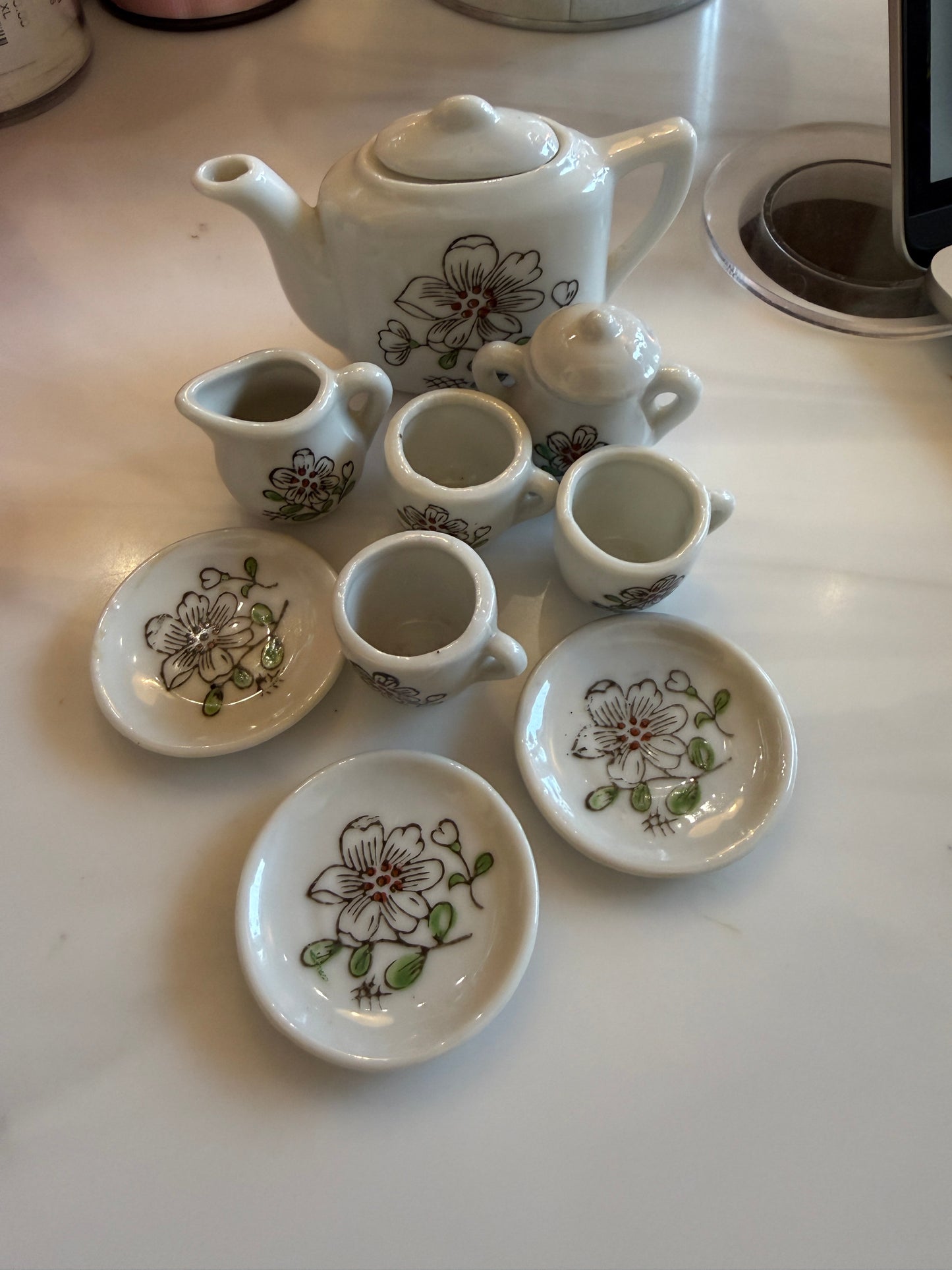 Vintage Miniature Tea Set Made in Japan – Hand-Painted White Floral Ceramic Toy Dish Set – 11 Piece Dollhouse Décor