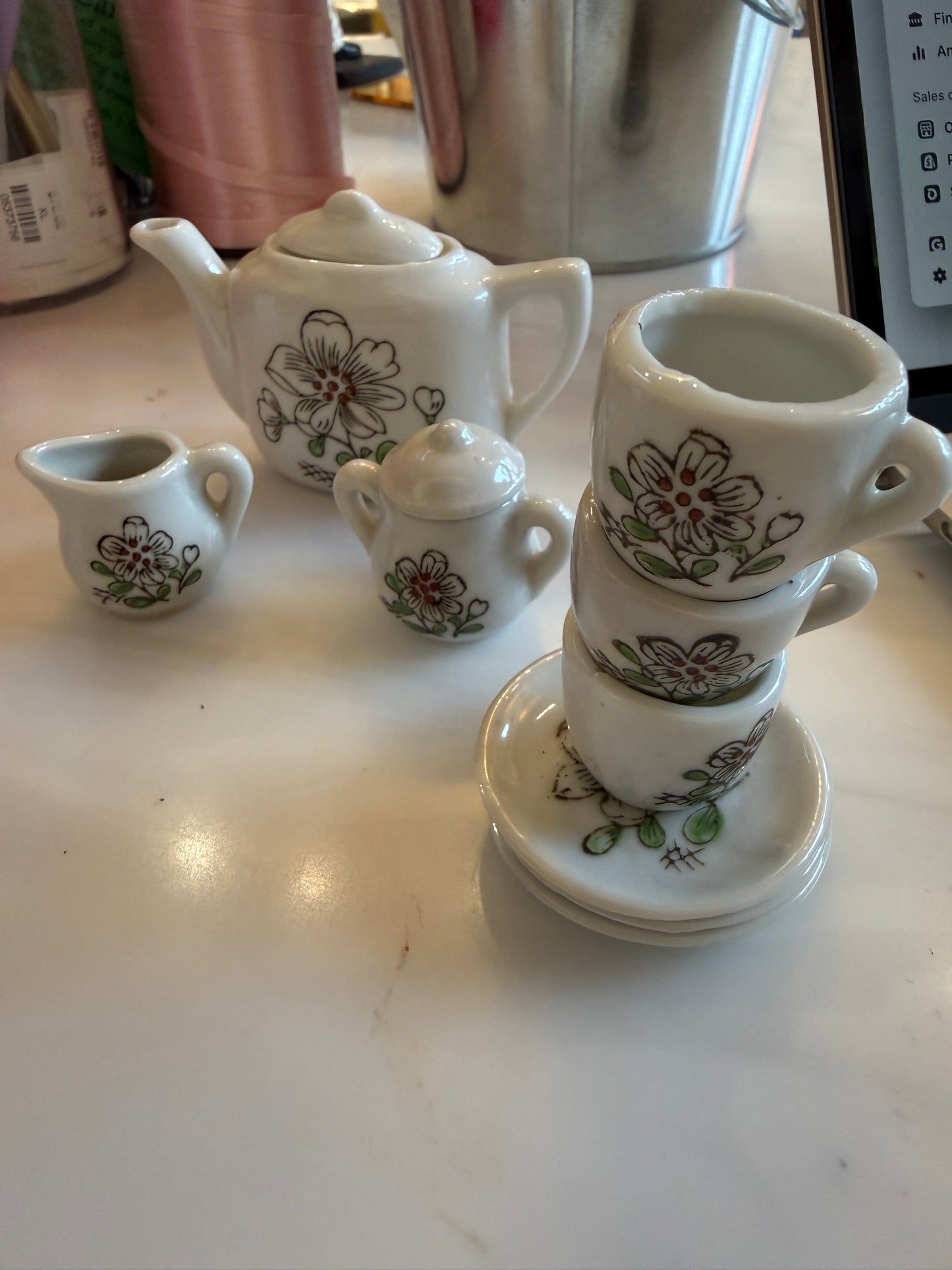 Vintage Miniature Tea Set Made in Japan – Hand-Painted White Floral Ceramic Toy Dish Set – 11 Piece Dollhouse Décor