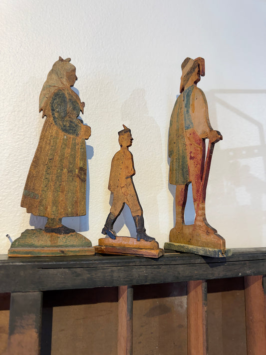 Set of 3 Vintage Wooden Folk Art Figures – Hand-Painted Double-Sided Peasant Cutouts – Rustic Primitive Décor