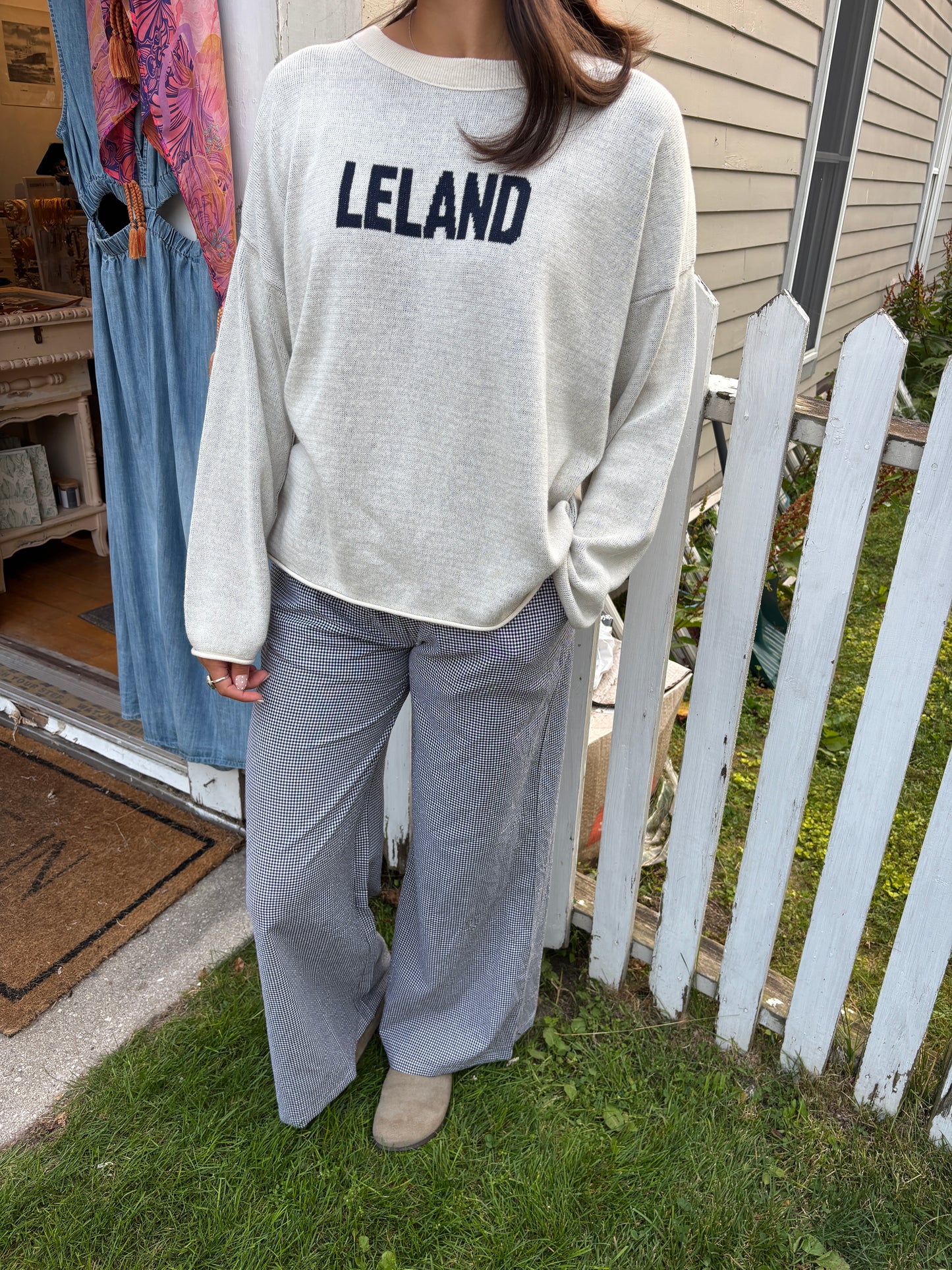 Leland Knit Sweater Natural w/ Navy Lettering