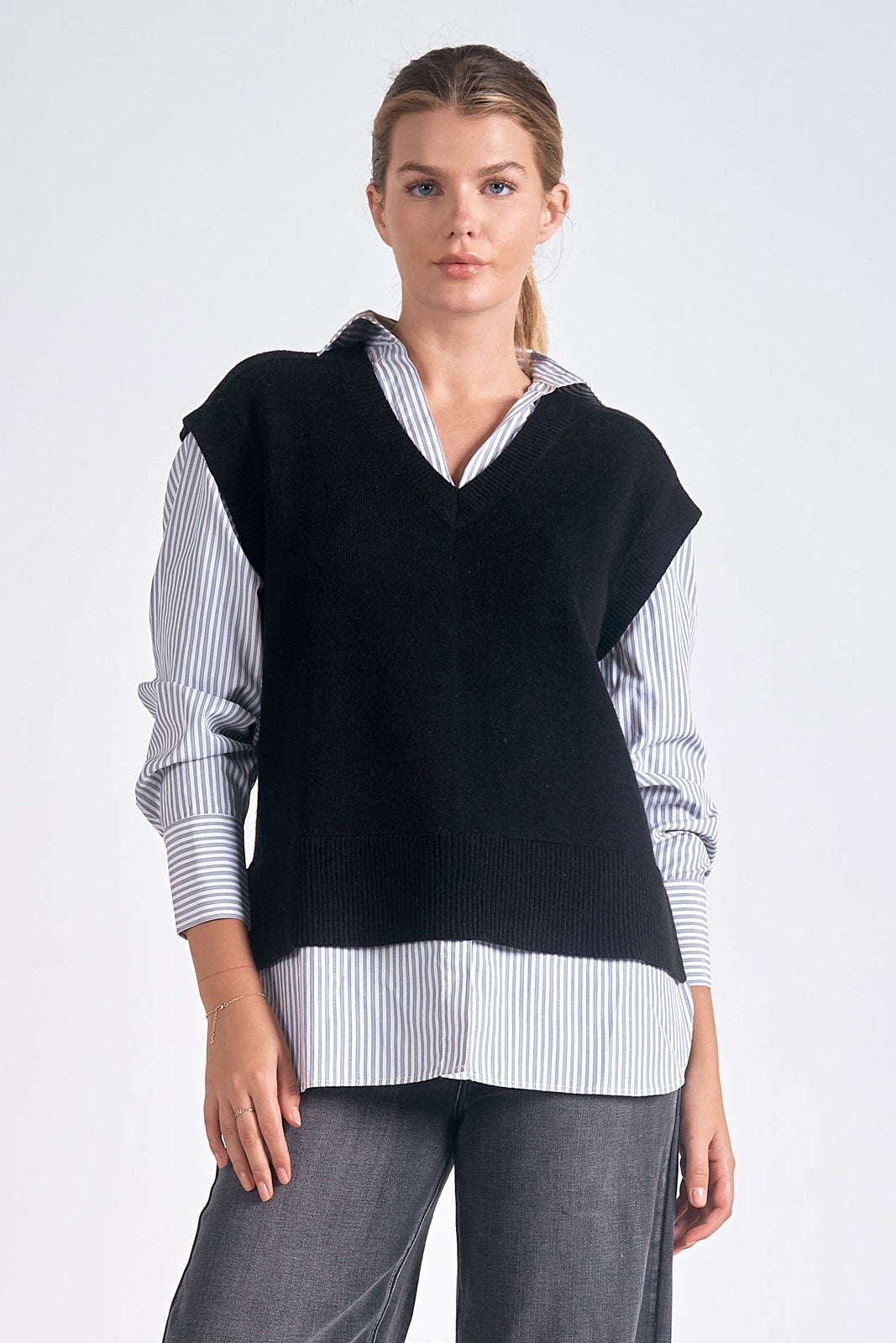 Sweater Vest Shirt Combo Black Stripe