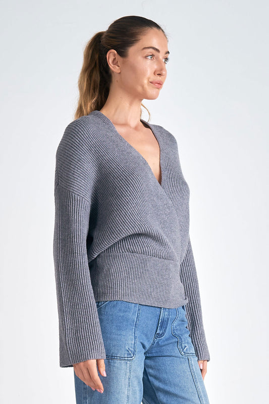 Long Sleeve Charcoal Sweater with Crossover Waistband