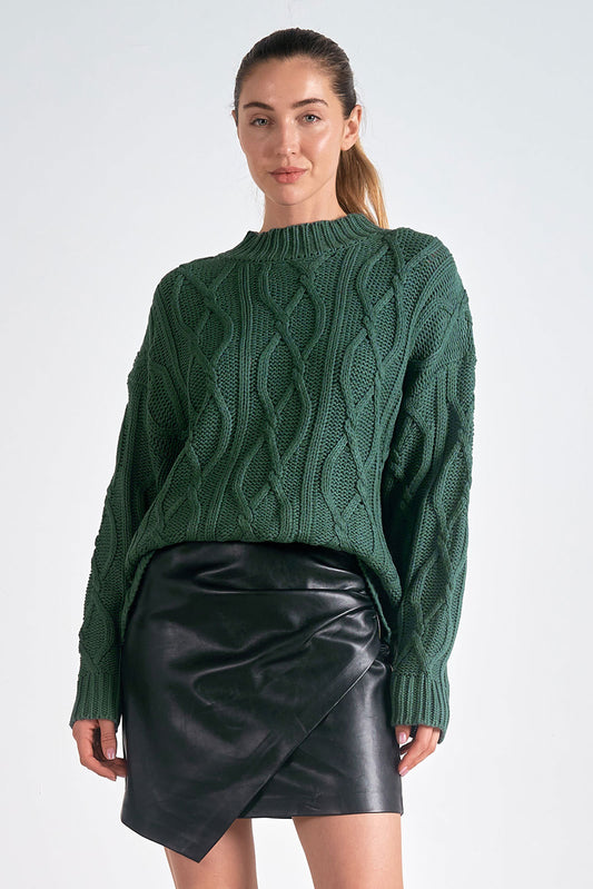 Crewneck Sweater Cable Knit Dark Green